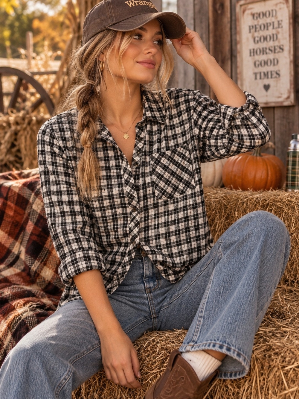 Blue Mountain Black White Plaid Buttondown Shirt S 90s Western Cottagecore
